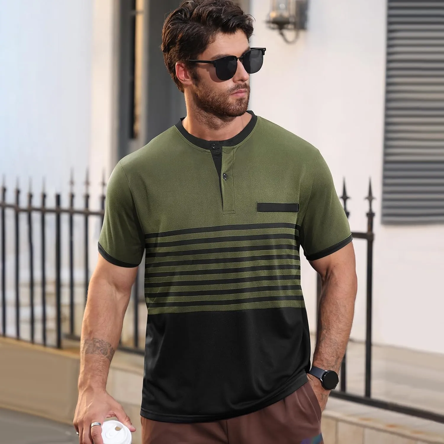 Men's Casual Henley Short Sleeves Stripe Color Blocking Quarter Buttoned Classic fit T-Shirt