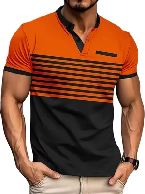 Men's Casual Henley Short Sleeves Stripe Color Blocking Quarter Buttoned Classic fit T-Shirt