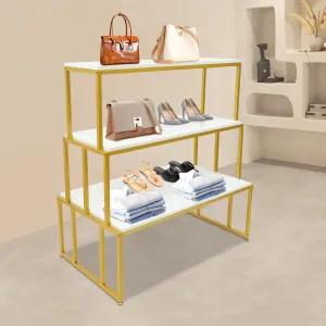Metal Retail Shoe Handbag Display Stand, 3 Tier Heavy Duty Modern Nesting Tables with White Wood Tabletop and Gold Metal Frame, Boutique Display Riser Shelf, 40.4" x 24.5" x 44.5"