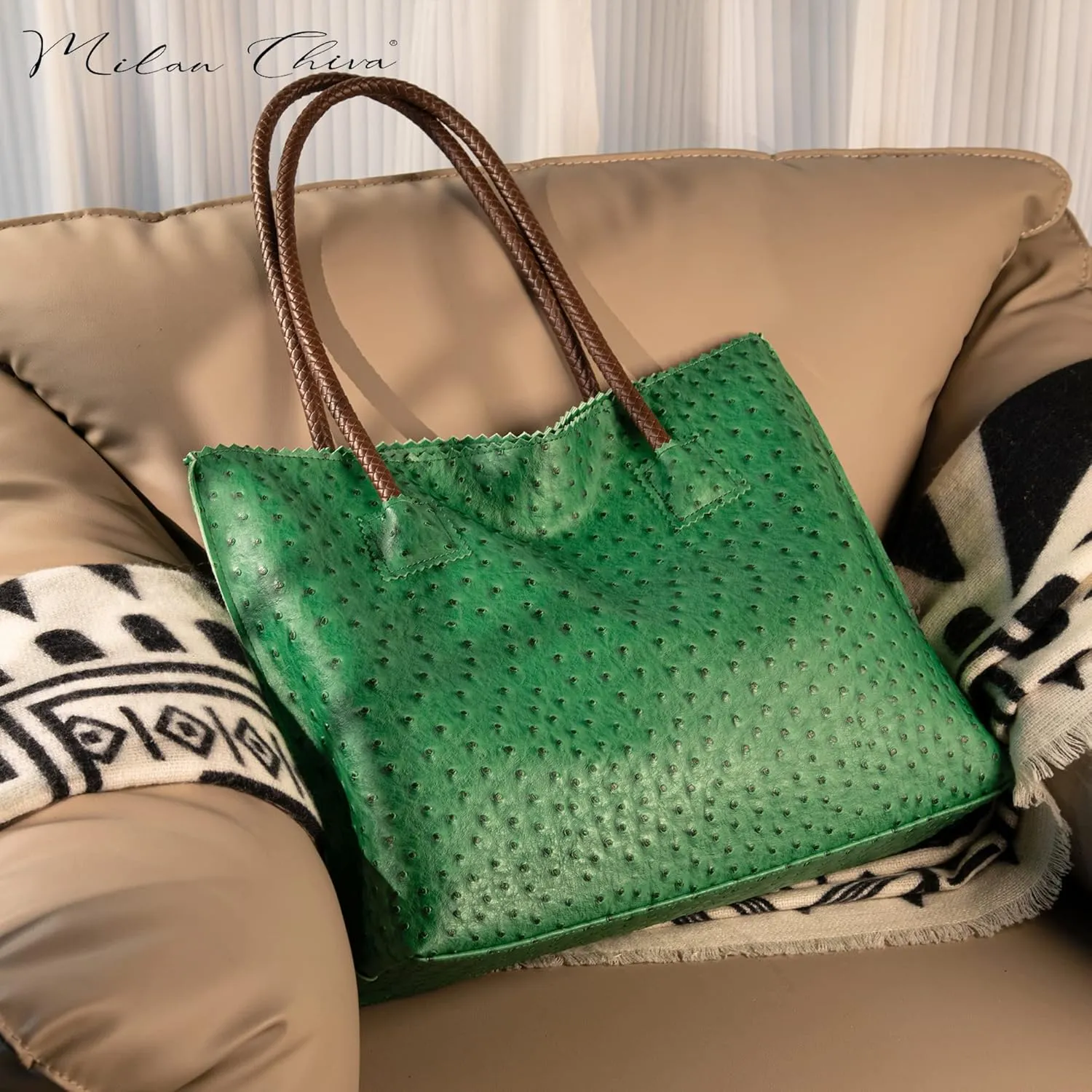 Milan Chiva Tote Bag for Women with Zipper Large Ostrich Vegan Leather Shoulder Purses and Handbags