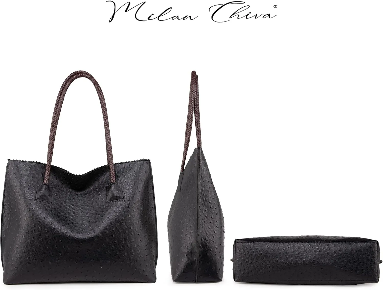 Milan Chiva Tote Bag for Women with Zipper Large Ostrich Vegan Leather Shoulder Purses and Handbags