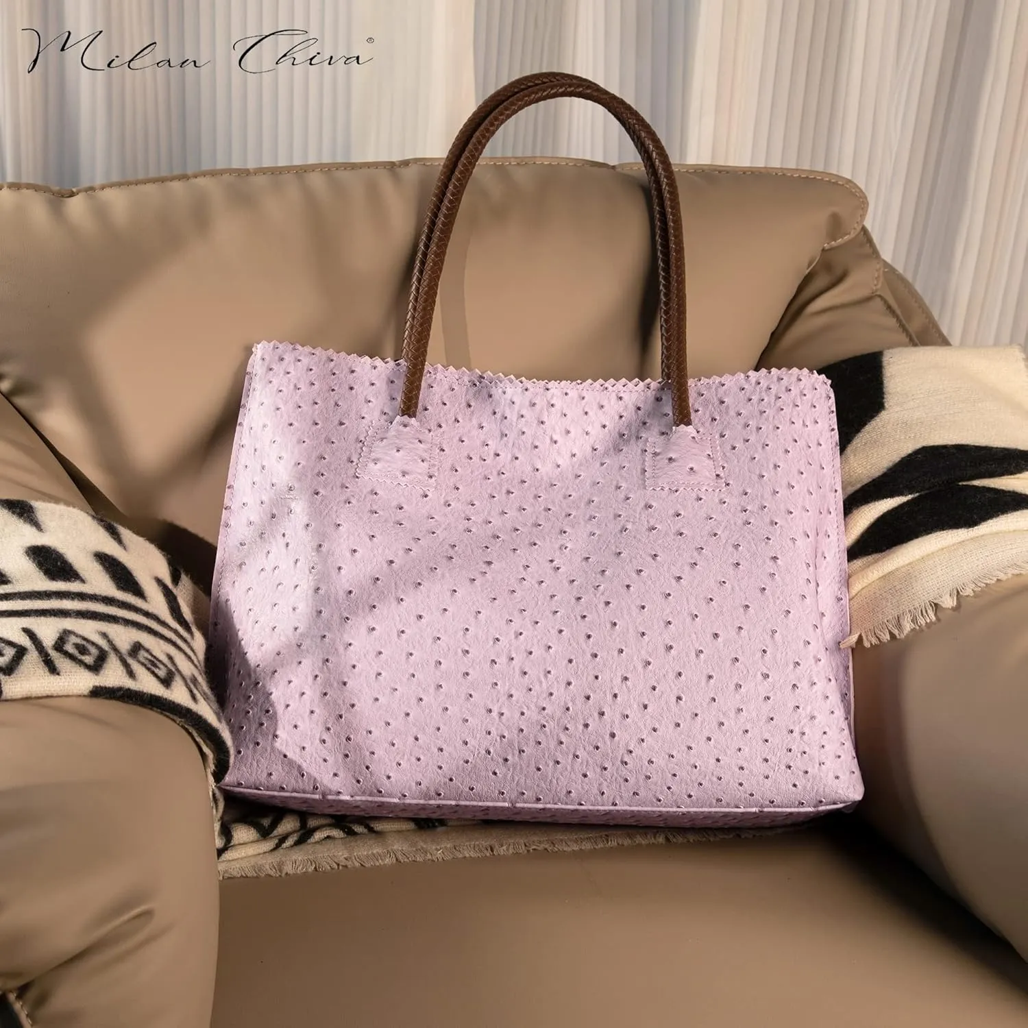 Milan Chiva Tote Bag for Women with Zipper Large Ostrich Vegan Leather Shoulder Purses and Handbags