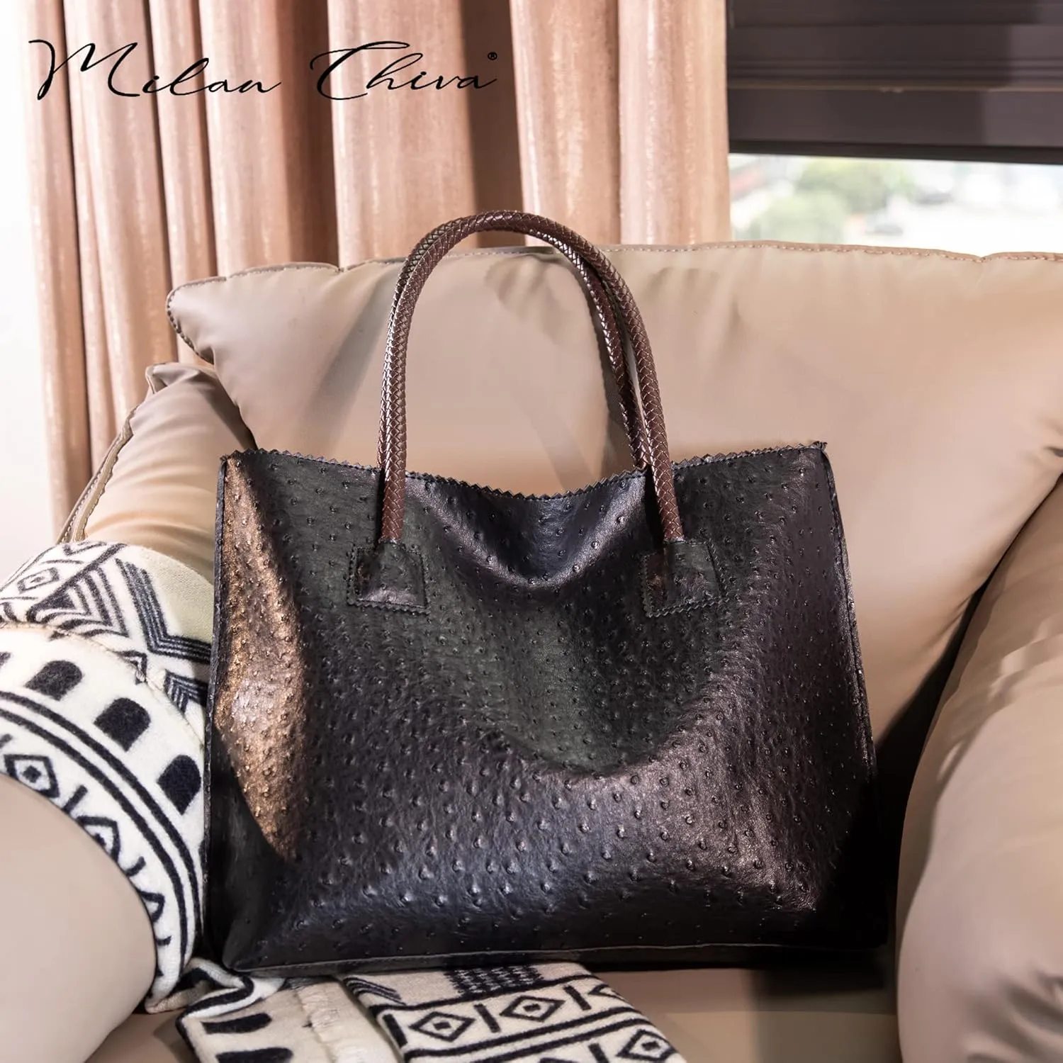 Milan Chiva Tote Bag for Women with Zipper Large Ostrich Vegan Leather Shoulder Purses and Handbags