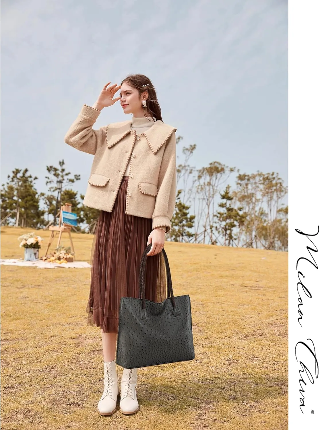 Milan Chiva Tote Bag for Women with Zipper Large Ostrich Vegan Leather Shoulder Purses and Handbags
