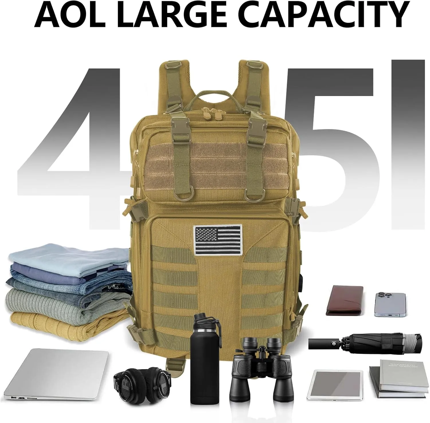 Military Tactical Backpack - 45L Large Assault Tactical Backpacks Molle Hiking Pack 3 Days Bug Out Bag - Waterproof Army Rucksack Tactical Gear for Camping/Traveling/Gym/Fishing-Khaki