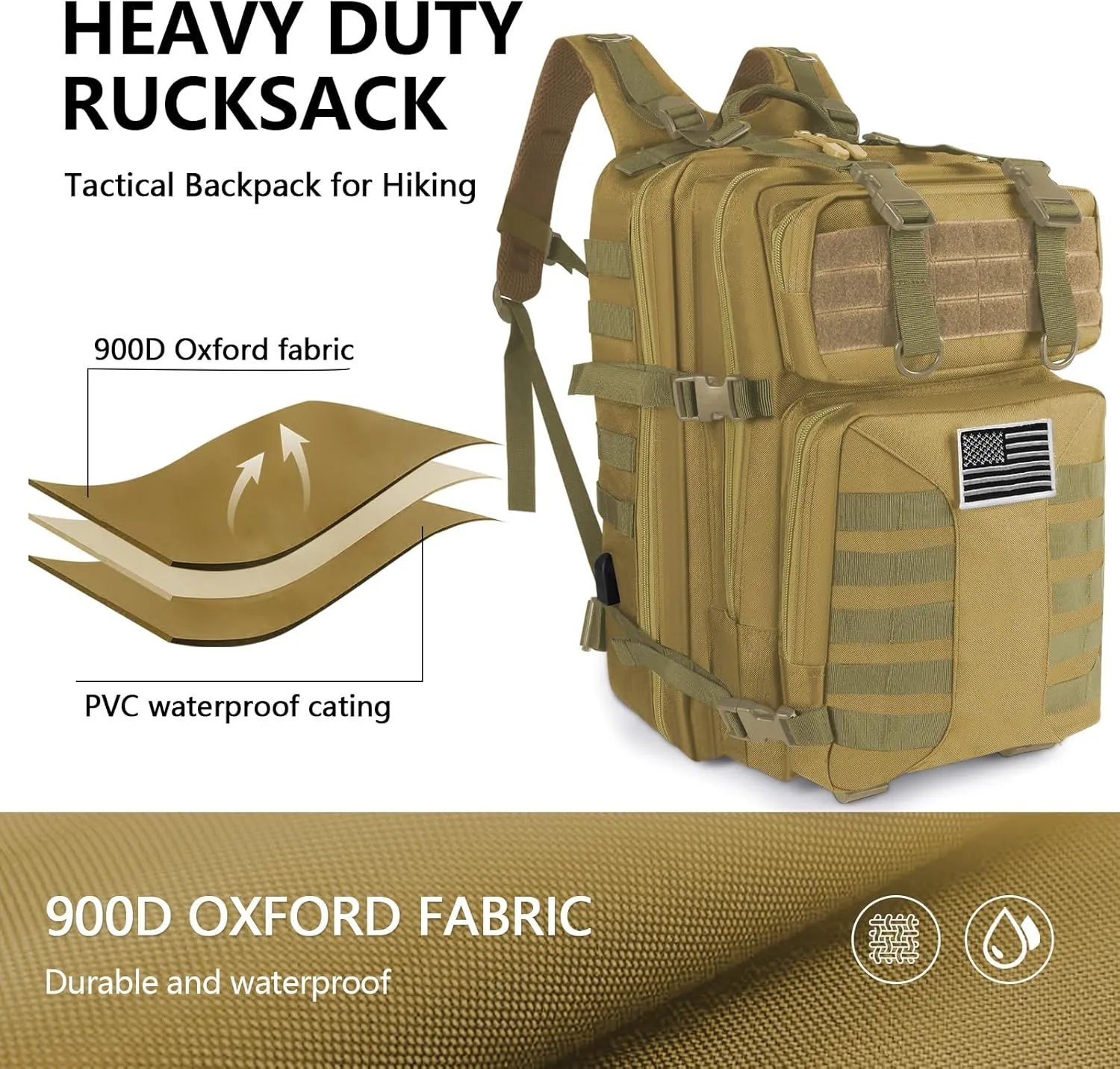 Military Tactical Backpack - 45L Large Assault Tactical Backpacks Molle Hiking Pack 3 Days Bug Out Bag - Waterproof Army Rucksack Tactical Gear for Camping/Traveling/Gym/Fishing-Khaki