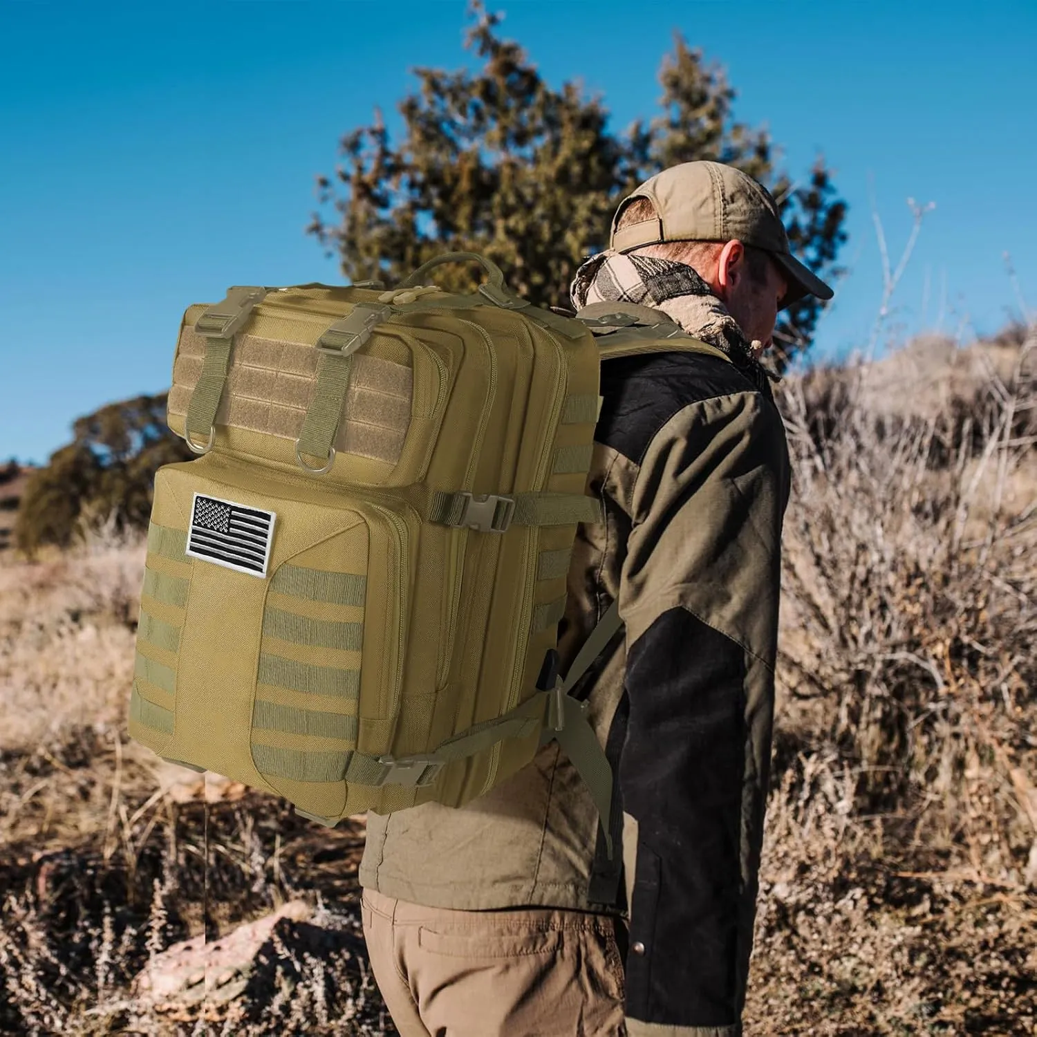 Military Tactical Backpack - 45L Large Assault Tactical Backpacks Molle Hiking Pack 3 Days Bug Out Bag - Waterproof Army Rucksack Tactical Gear for Camping/Traveling/Gym/Fishing-Khaki