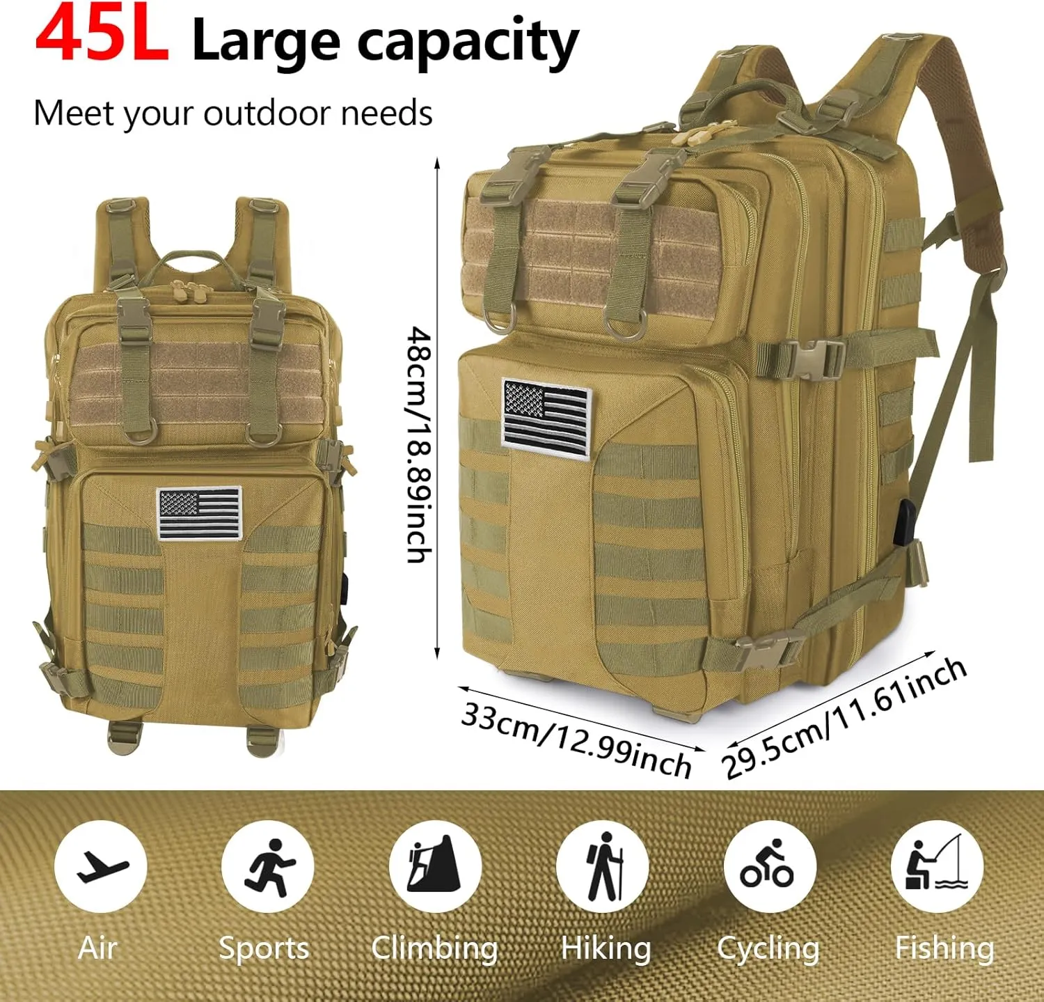 Military Tactical Backpack - 45L Large Assault Tactical Backpacks Molle Hiking Pack 3 Days Bug Out Bag - Waterproof Army Rucksack Tactical Gear for Camping/Traveling/Gym/Fishing-Khaki