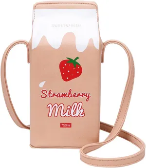 Milk Box Cross Body Shoulder Bag Phone Wallet for Women, Cute Fruits Banana Strawberry Fashion Casual Printed Purse