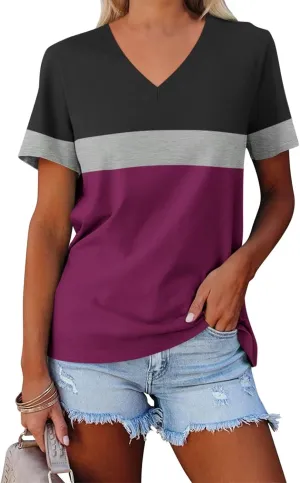 Minetom Women's Color Block/Solid Tops Short Sleeve V Neck T Shirts Summer Casual Tees