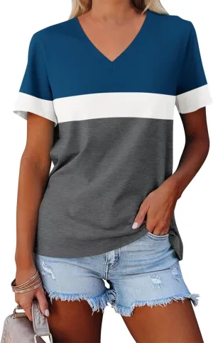Minetom Women's Color Block/Solid Tops Short Sleeve V Neck T Shirts Summer Casual Tees