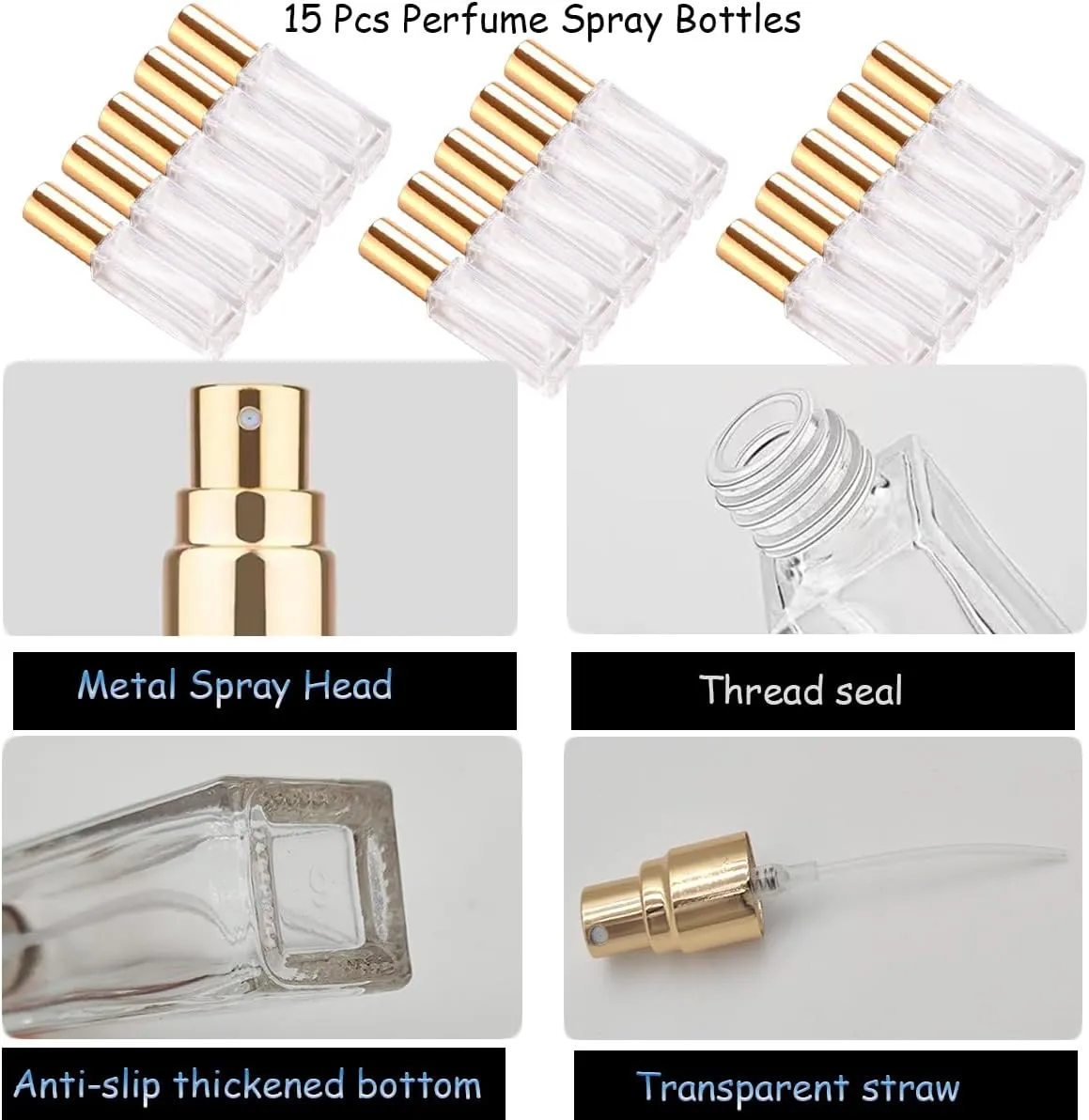 Mini Perfume Atomizer 10ml Refillable Glass Perfume Bottles Empty Spray Bottles for Travel Fine Mist Sprayer for Toiletries Sample Dispenser (15 Pcs Gold)