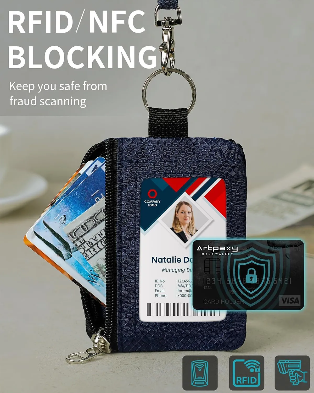 Minimalist Wallet For Mens Womens, Keychain RFID Blocking Zipper Small Wallet with ID Window 2 Lanyards,Water Resistant Travel Cash Card Coin Case Boys Girls