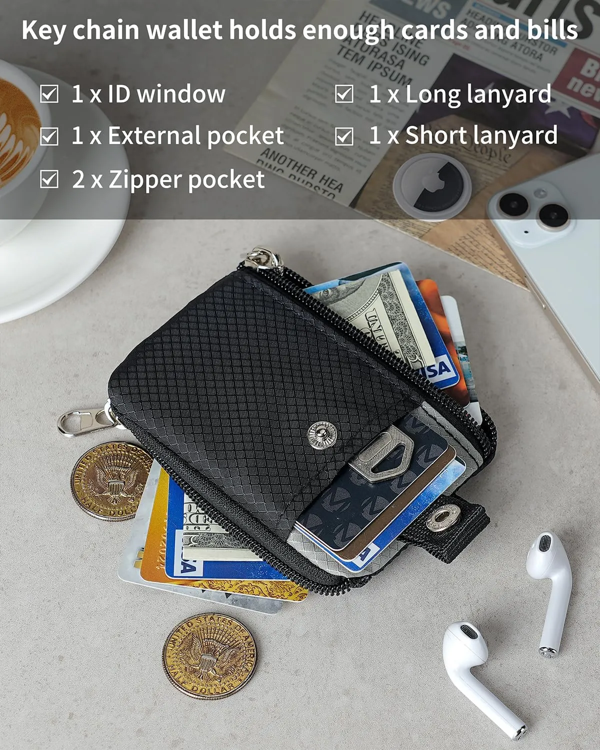 Minimalist Wallet For Mens Womens, Keychain RFID Blocking Zipper Small Wallet with ID Window 2 Lanyards,Water Resistant Travel Cash Card Coin Case Boys Girls