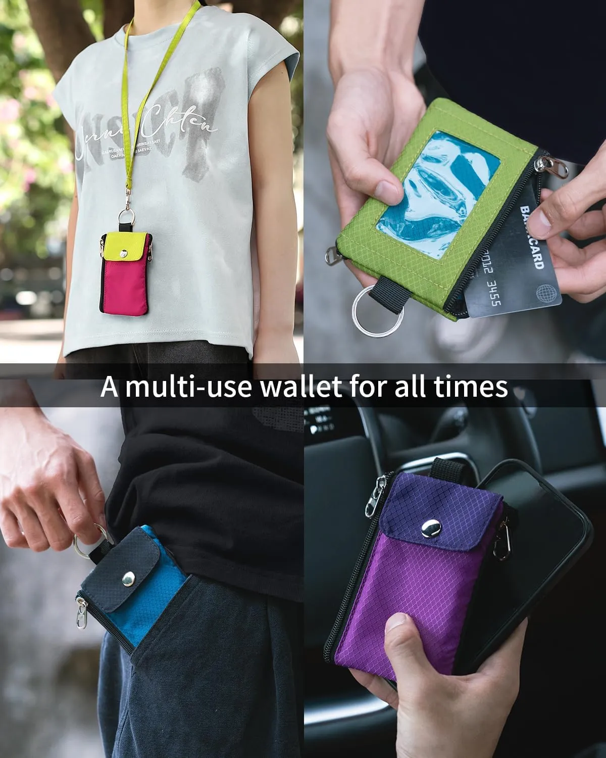 Minimalist Wallet For Mens Womens, Keychain RFID Blocking Zipper Small Wallet with ID Window 2 Lanyards,Water Resistant Travel Cash Card Coin Case Boys Girls