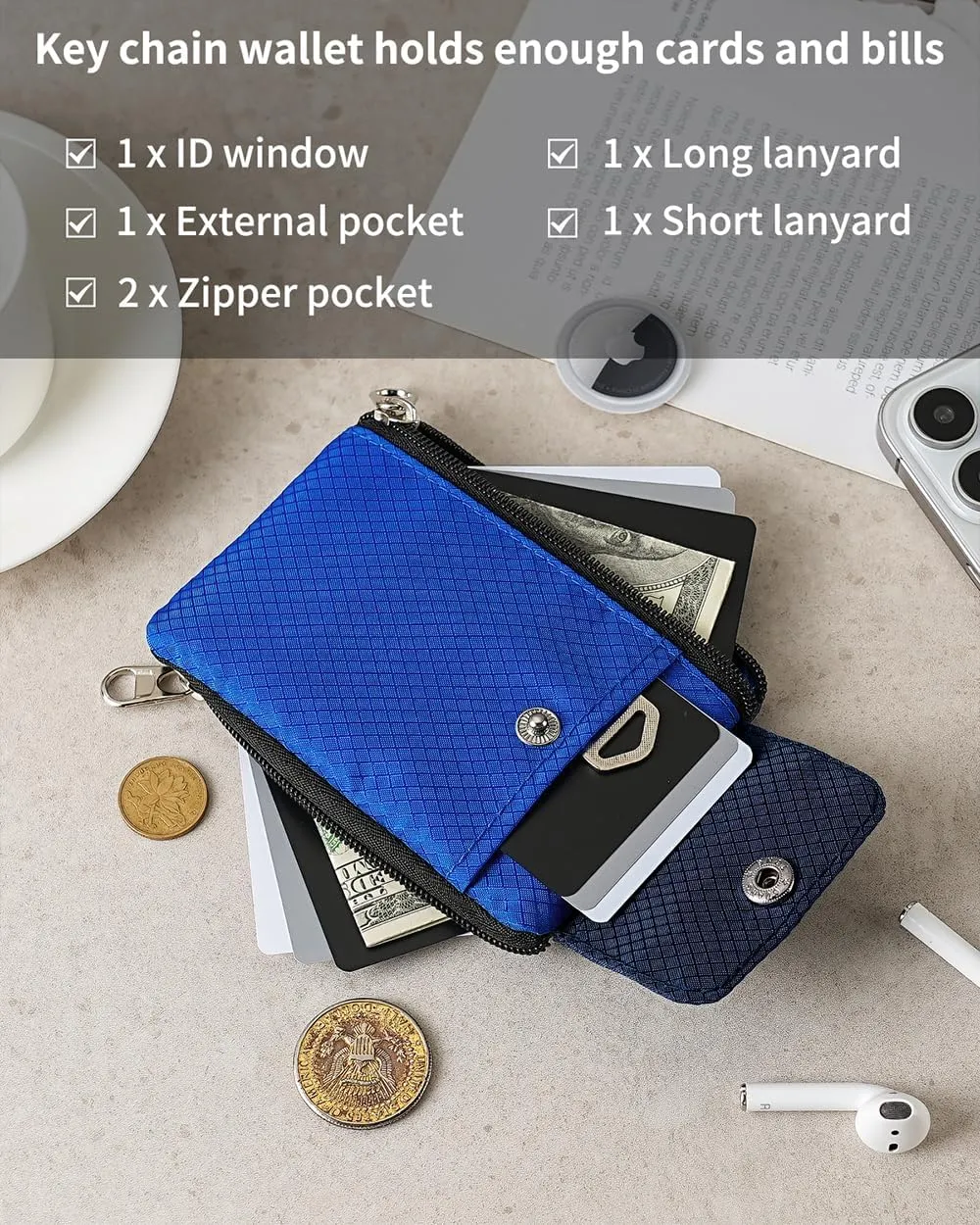 Minimalist Wallet For Mens Womens, Keychain RFID Blocking Zipper Small Wallet with ID Window 2 Lanyards,Water Resistant Travel Cash Card Coin Case Boys Girls