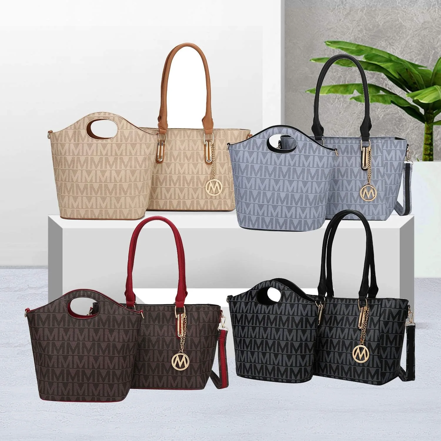 MKF Tote Shoulder Bag, Satchel Handbag for Women Set PU Leather Top Handle Purse, Gold-Tone Hardware