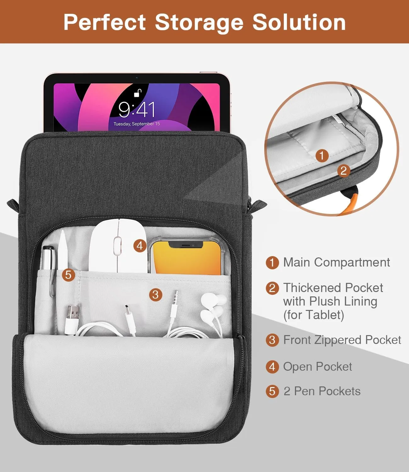MoKo 12.9 Inch Tablet Sleeve Bag,Fits with 13 Inch New iPad Pro M4 & Air M2 2024,iPad Pro 12.9 M2&M1,Surface Laptop Go 12.4,Galaxy Tab S8 /S9  12.4,Handle Carrying Case with Shoulder Strap,Black &Gray