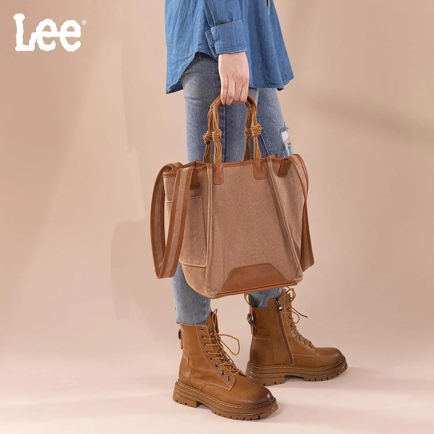 Montana West x Lee Canvas Tote Bag for Women Square Shoulder Handbag with Multiple Pockets for Work