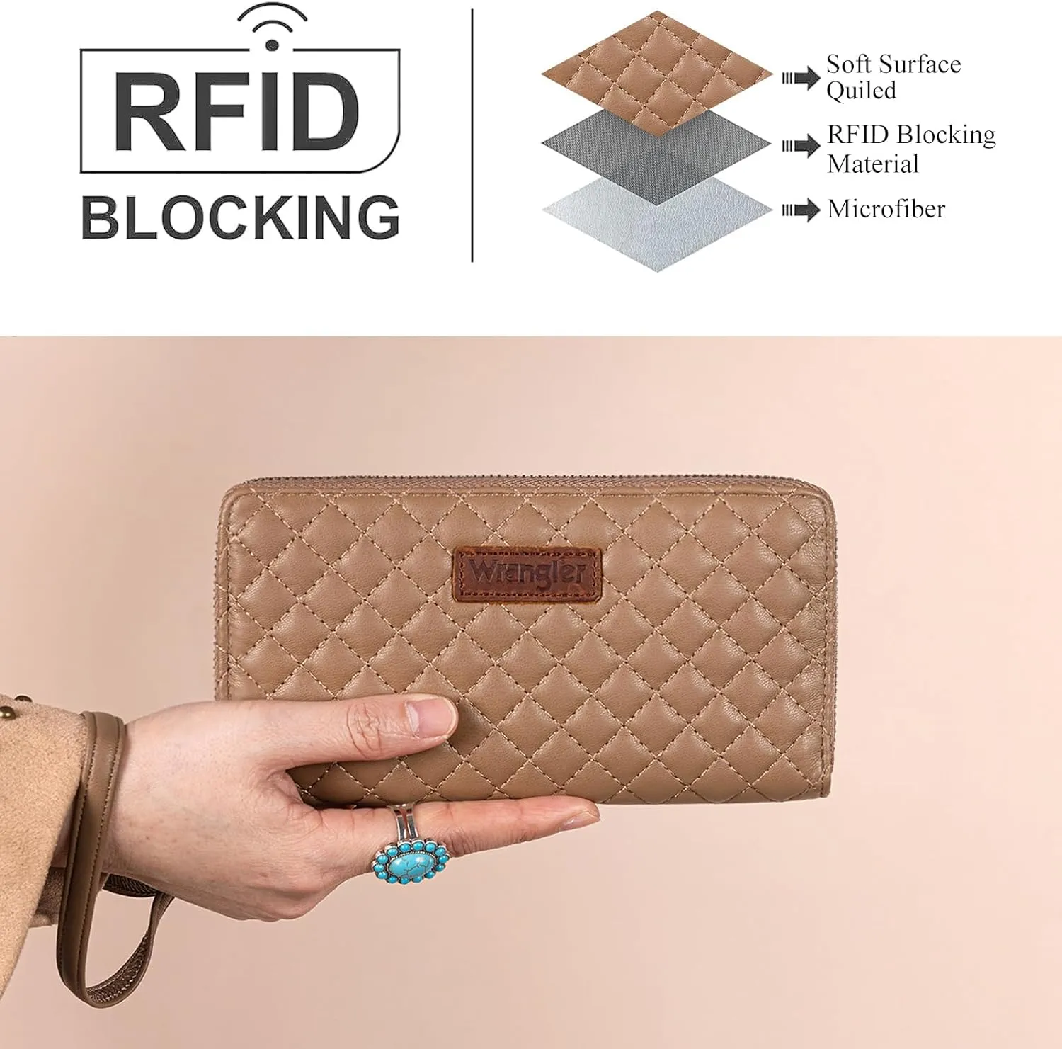 Montana West X Wrangler Large Quilted Wallet for Women with a Detachable Wristlet & Rfid Lining