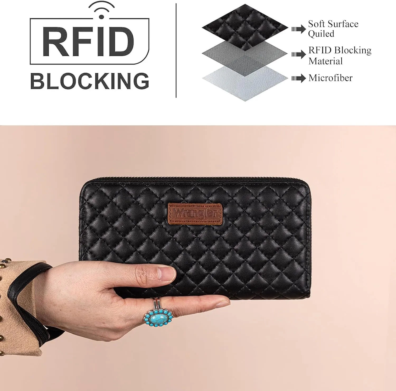 Montana West X Wrangler Large Quilted Wallet for Women with a Detachable Wristlet & Rfid Lining