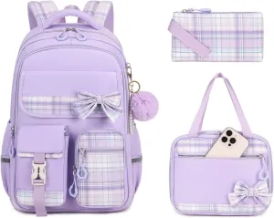 MOONBABY Girls Backpack, Kids Backpack for Girls School Bags with Lunch Bag & Pen Case, Bow Plaid Book Bag for Elementary Middle Primary High School College,Purple-3pcs
