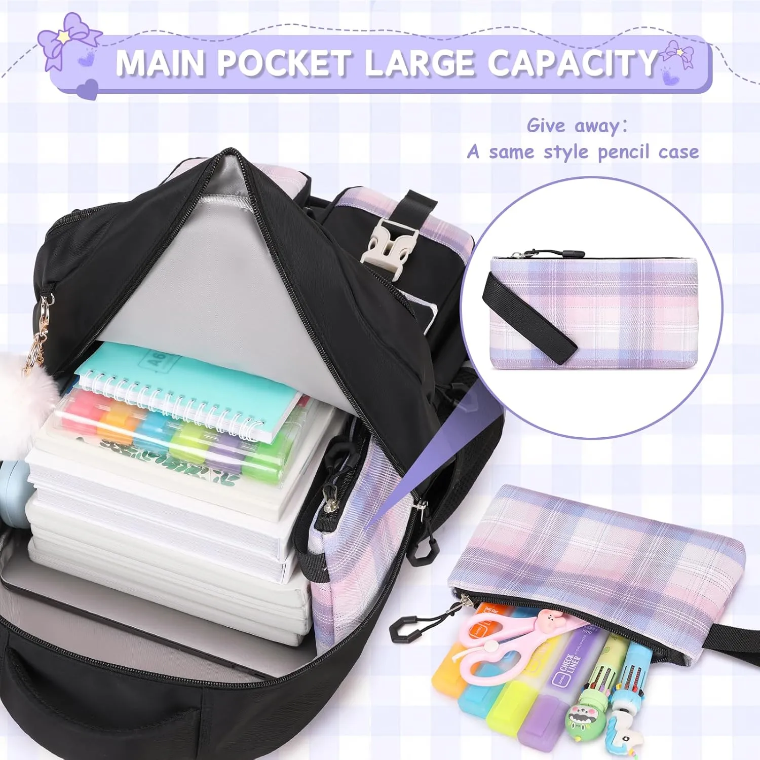 MOONBABY Girls Backpack, Kids Backpack for Girls School Bags with Pen Case, Bow Plaid Book Bag for Elementary Middle Primary High School College, Black-2pcs