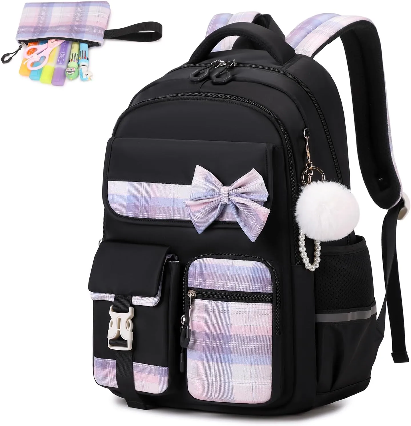 MOONBABY Girls Backpack, Kids Backpack for Girls School Bags with Pen Case, Bow Plaid Book Bag for Elementary Middle Primary High School College, Black-2pcs