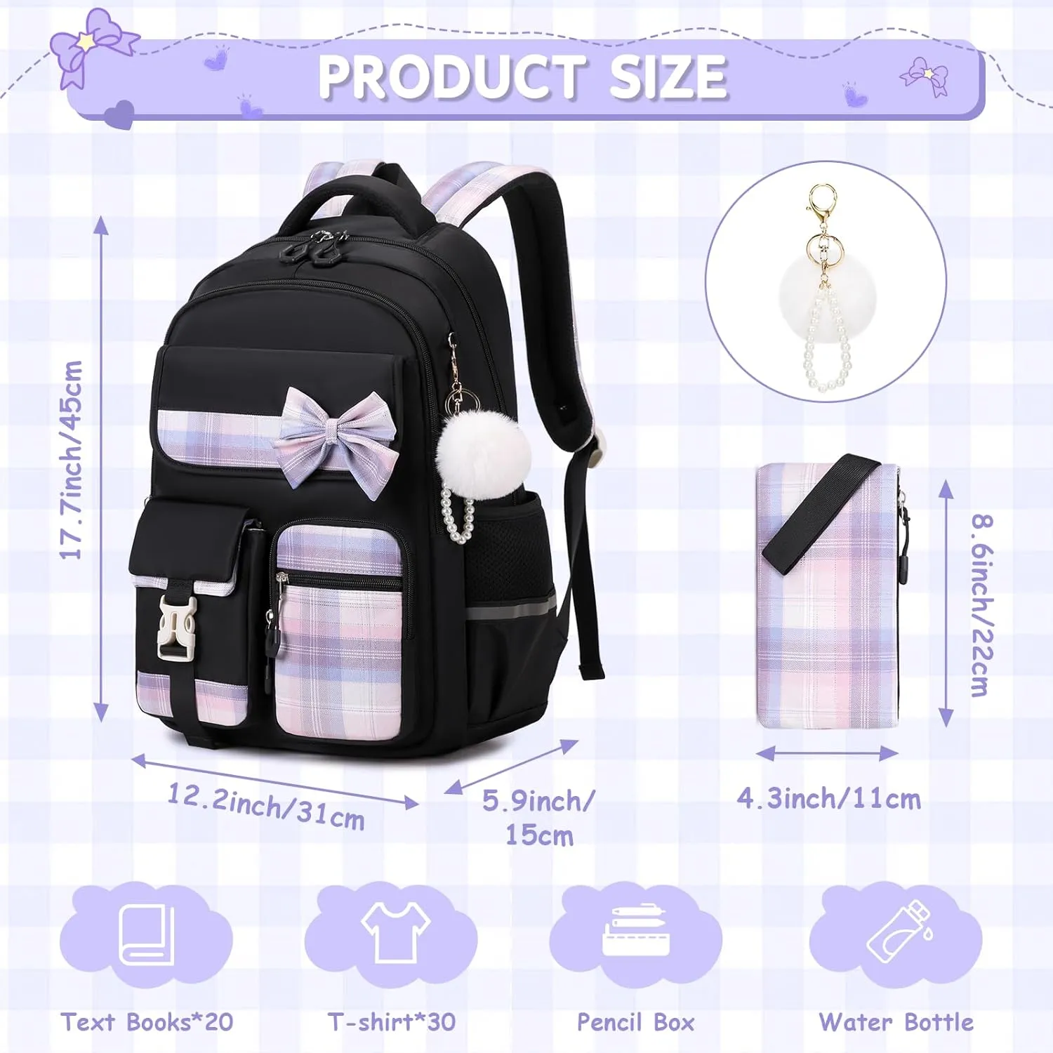 MOONBABY Girls Backpack, Kids Backpack for Girls School Bags with Pen Case, Bow Plaid Book Bag for Elementary Middle Primary High School College, Black-2pcs