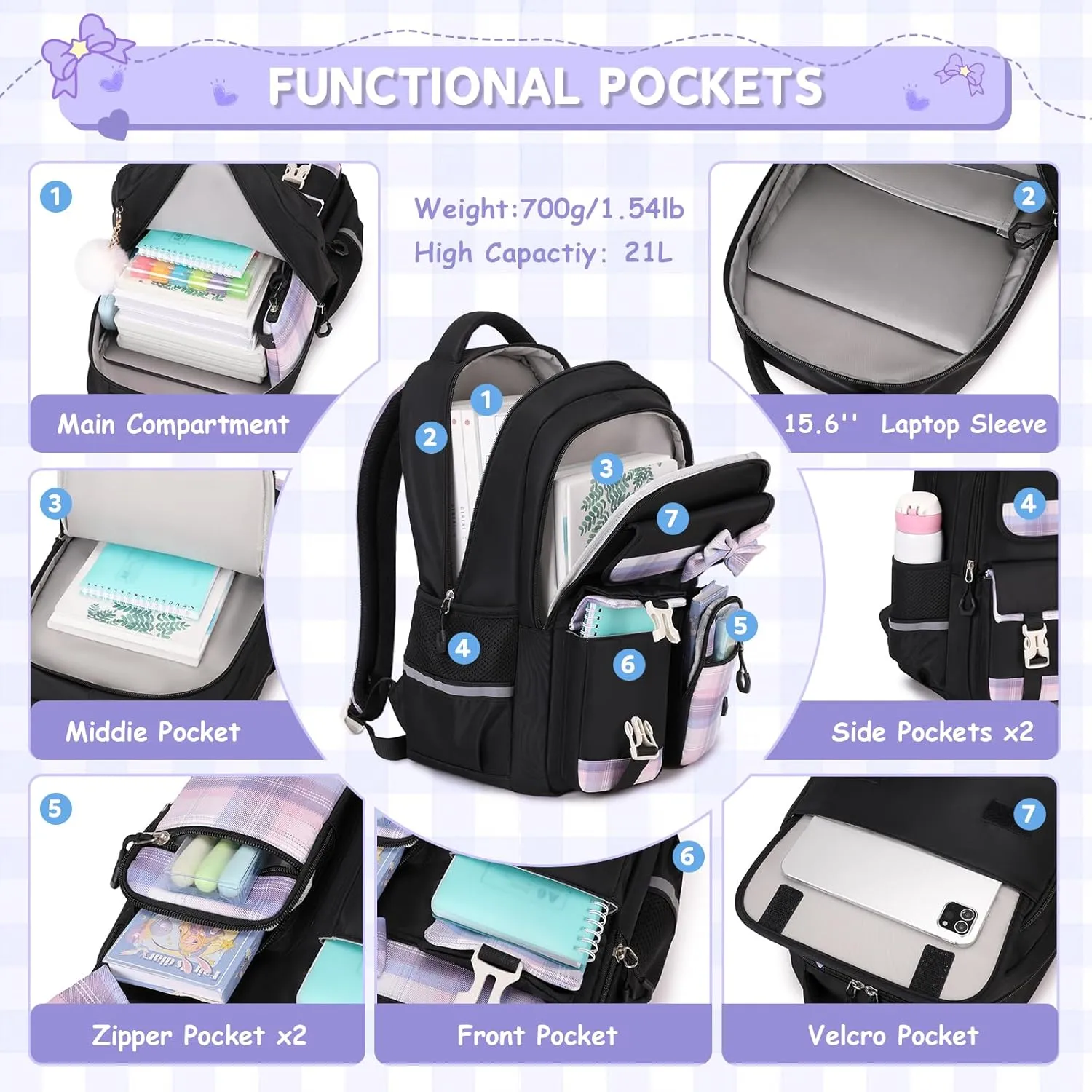 MOONBABY Girls Backpack, Kids Backpack for Girls School Bags with Pen Case, Bow Plaid Book Bag for Elementary Middle Primary High School College, Black-2pcs