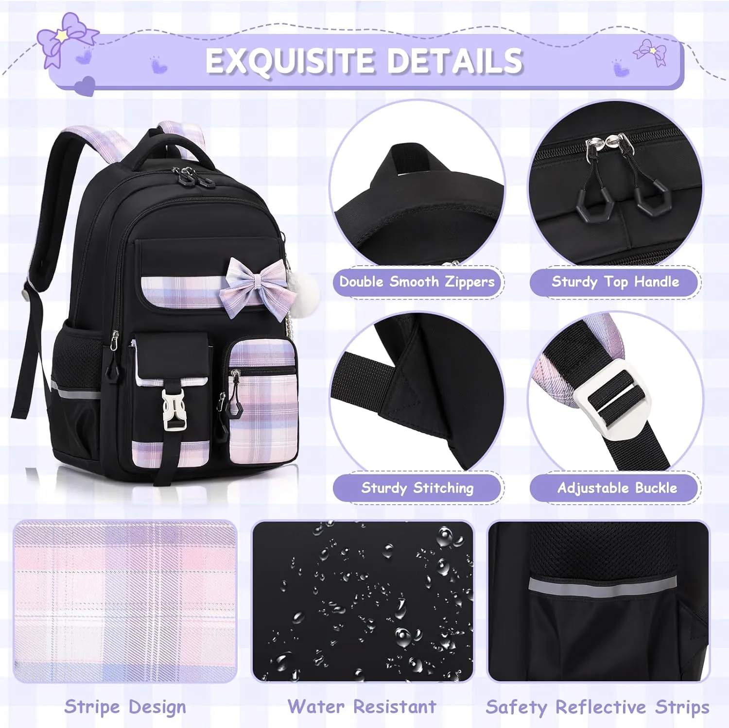 MOONBABY Girls Backpack, Kids Backpack for Girls School Bags with Pen Case, Bow Plaid Book Bag for Elementary Middle Primary High School College, Black-2pcs