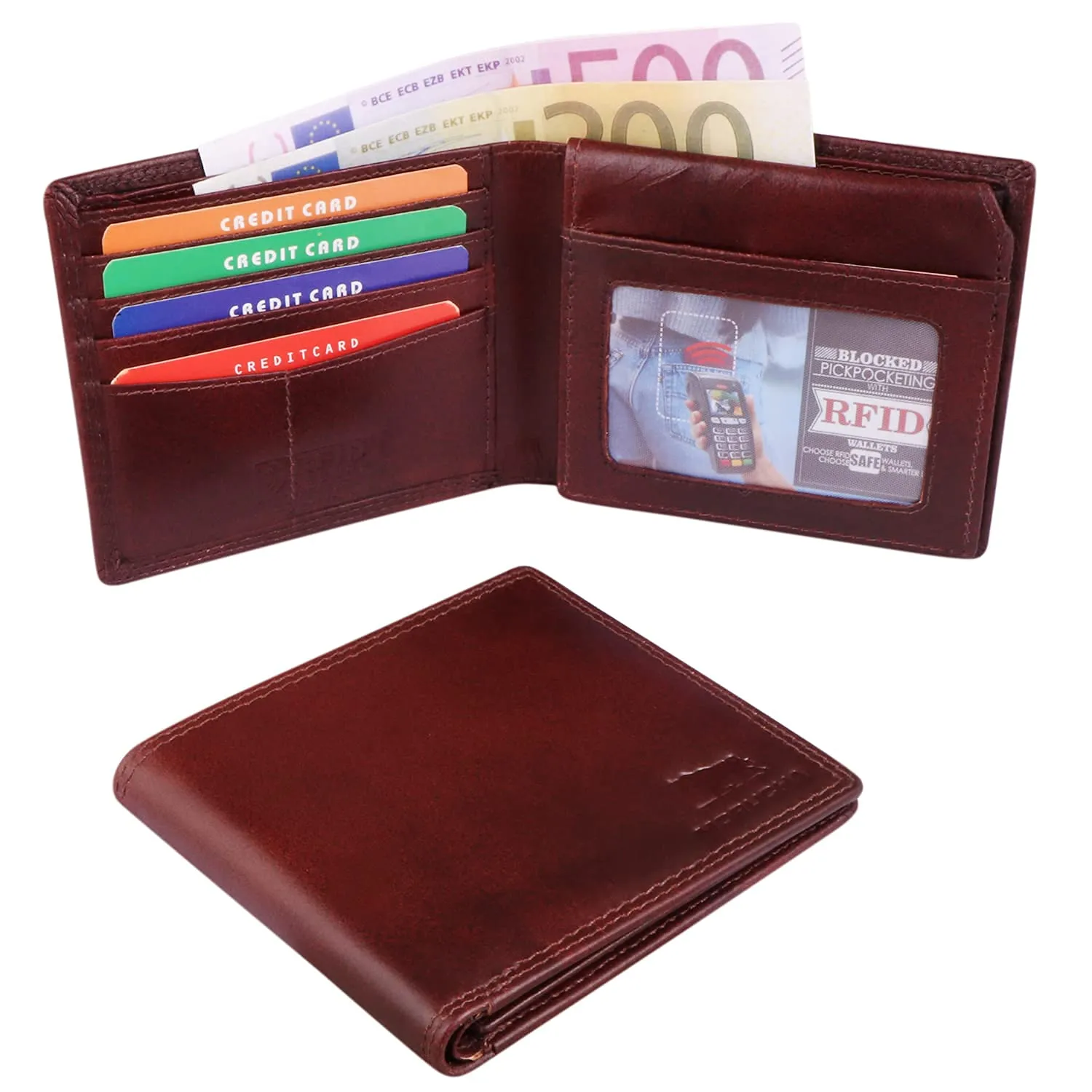 MORUCHA Mens RFID Blocking Real Soft Leather Passcase Wallet M-115 Burgundy