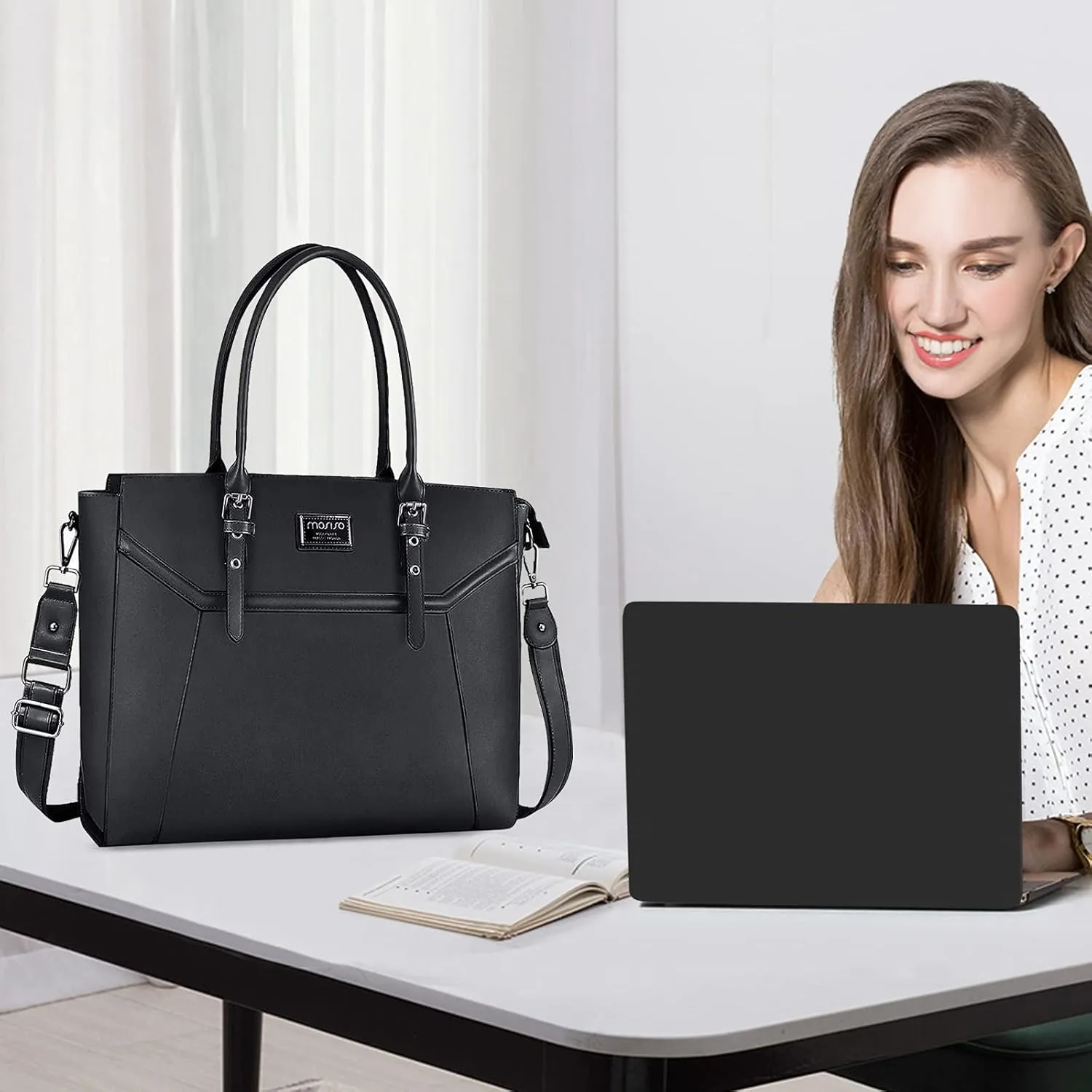 MOSISO 17 inch Women Laptop Tote Bag with Shockproof Compartment, Black