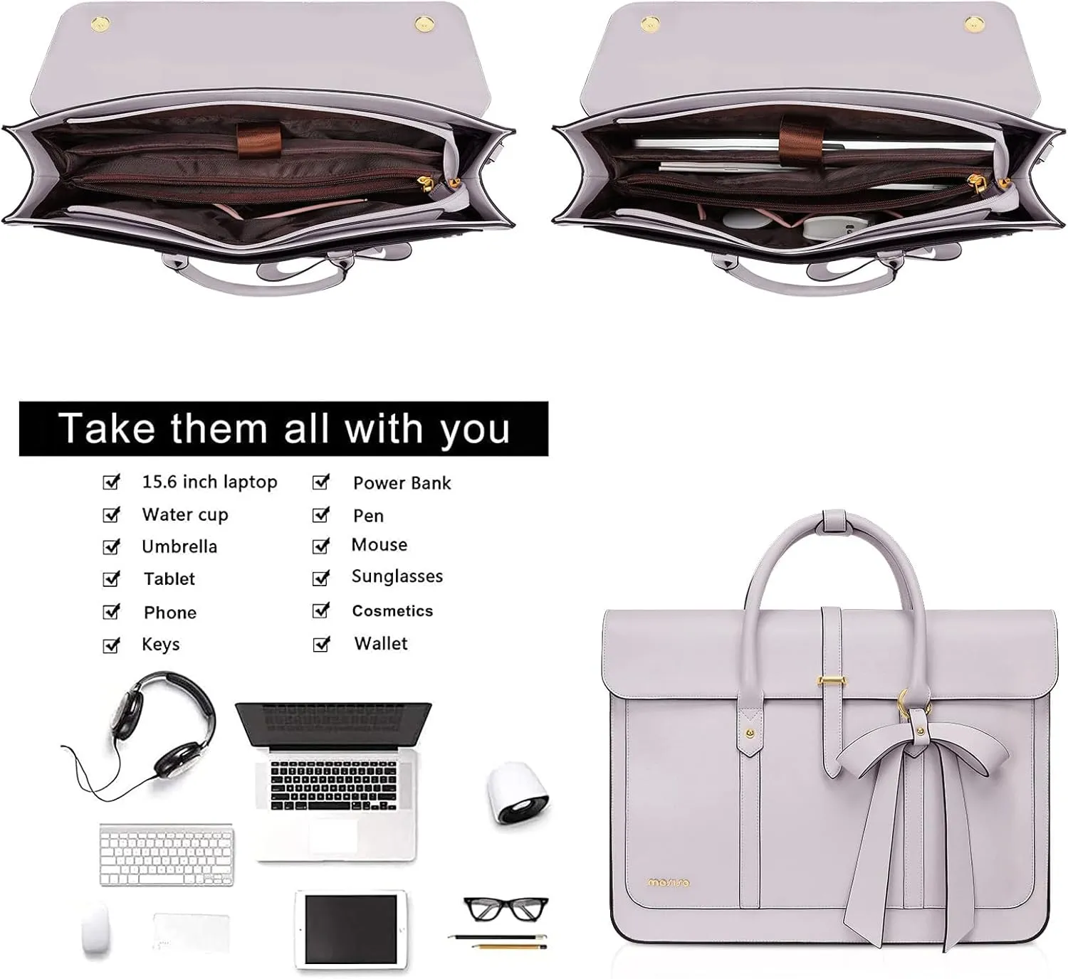 MOSISO Laptop Bag for Women, 13-14 inch PU Leather Laptop Shoulder Bag Convertible Backpack, 13.3 inch Messenger Bag Casual Handbag Work Briefcase Travel Computer Bag with Bowknot, Dusty Lilac