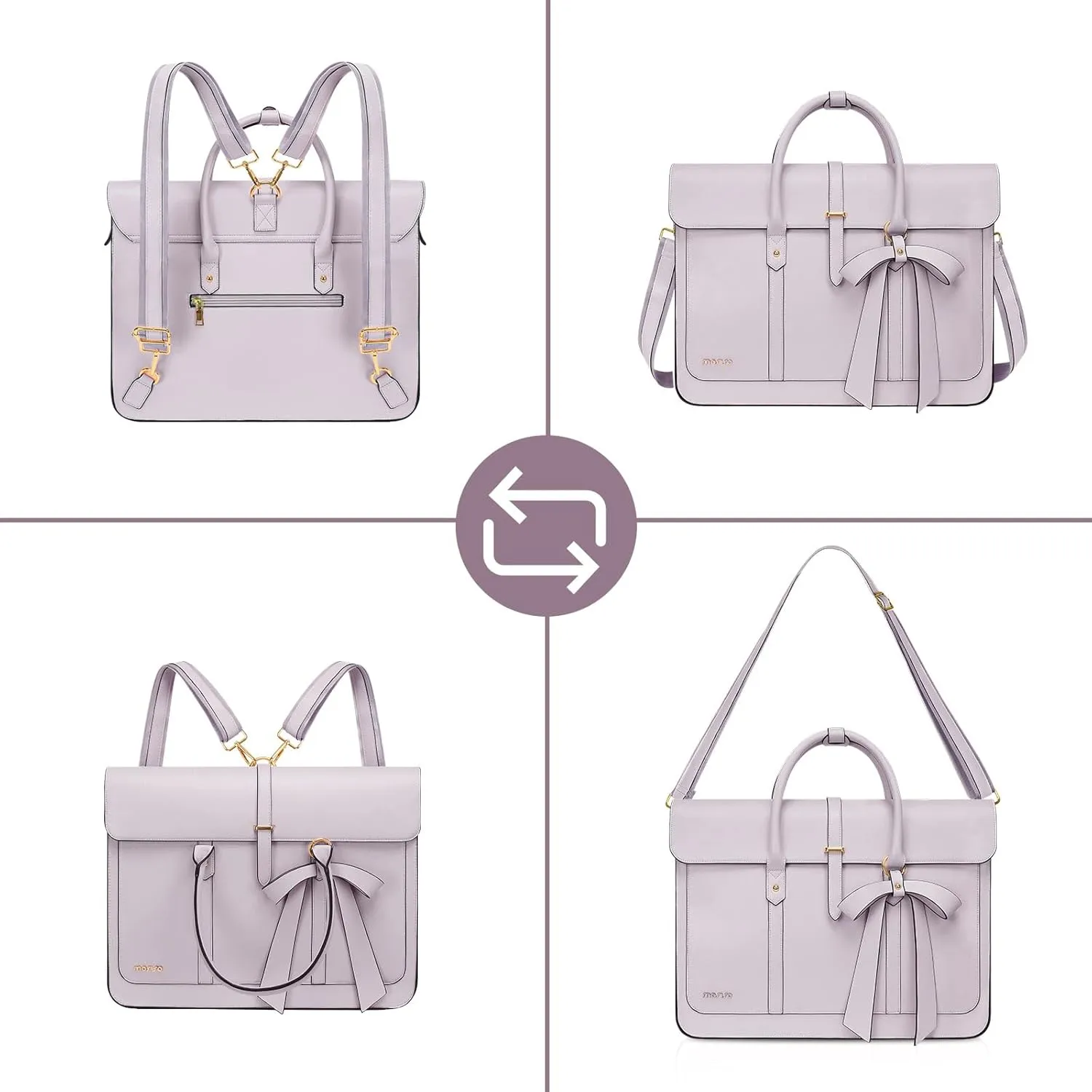 MOSISO Laptop Bag for Women, 13-14 inch PU Leather Laptop Shoulder Bag Convertible Backpack, 13.3 inch Messenger Bag Casual Handbag Work Briefcase Travel Computer Bag with Bowknot, Dusty Lilac