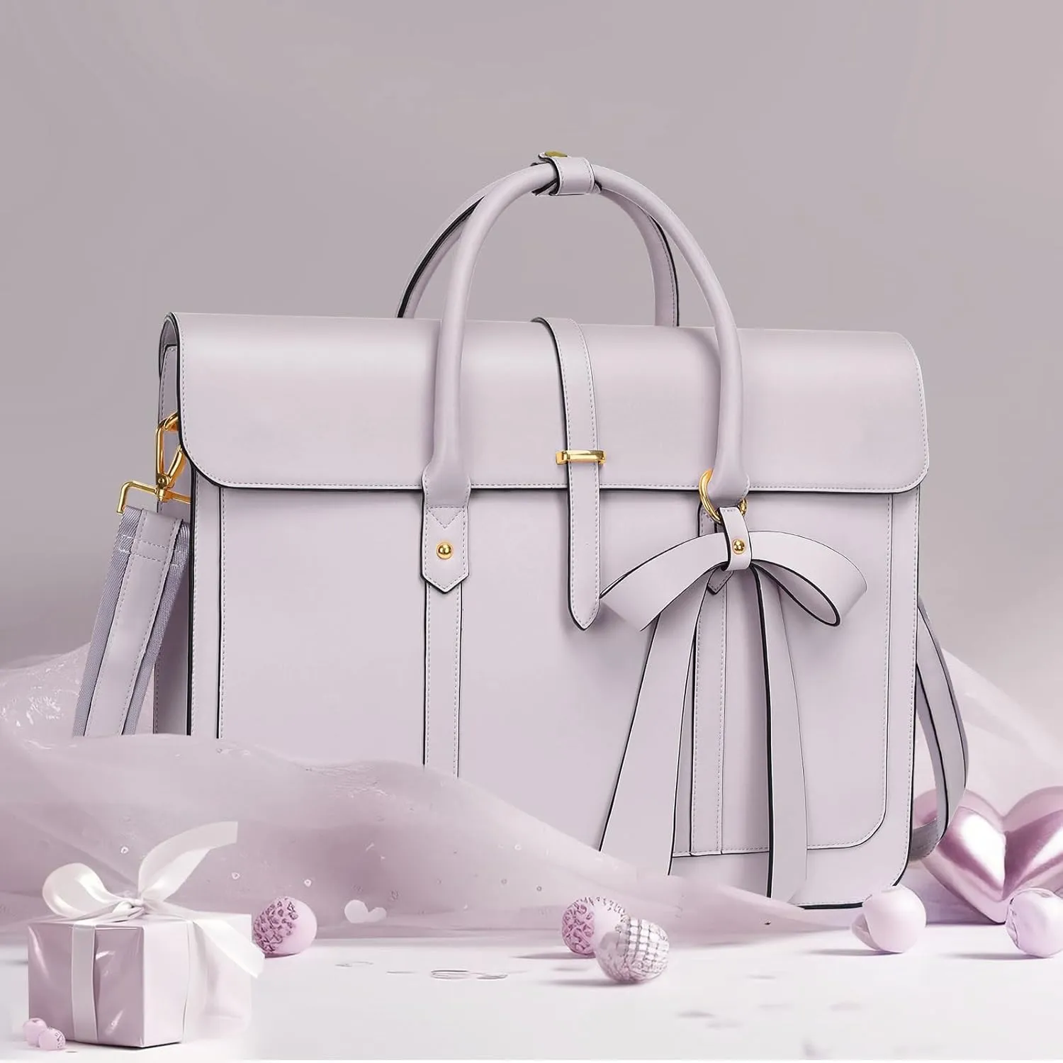 MOSISO Laptop Bag for Women, 13-14 inch PU Leather Laptop Shoulder Bag Convertible Backpack, 13.3 inch Messenger Bag Casual Handbag Work Briefcase Travel Computer Bag with Bowknot, Dusty Lilac