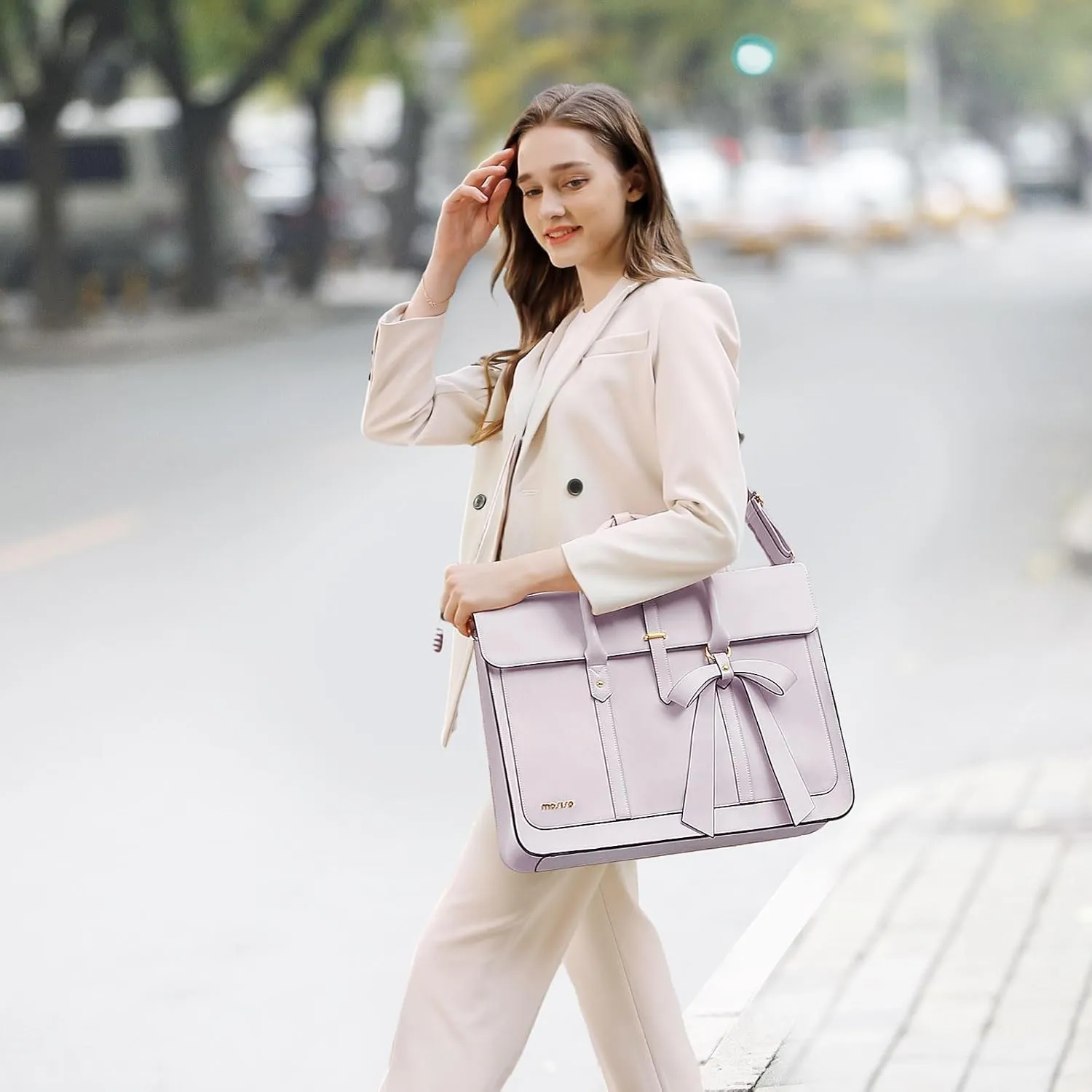 MOSISO Laptop Bag for Women, 13-14 inch PU Leather Laptop Shoulder Bag Convertible Backpack, 13.3 inch Messenger Bag Casual Handbag Work Briefcase Travel Computer Bag with Bowknot, Dusty Lilac