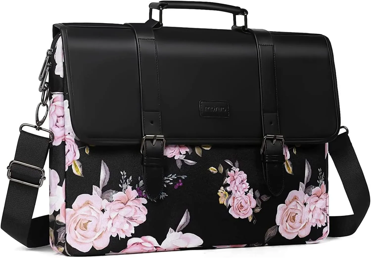 MOSISO Laptop Shoulder Bag Compatible with MacBook Pro 16 inch 2023-2019 M2 A2780 M1 A2485 A2141/Pro 15 A1398,15-15.6 inch Notebook,Peony Polyester&PU Leather Flapover Briefcase Sleeve with Belt,Black