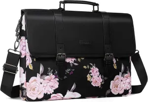 MOSISO Laptop Shoulder Bag Compatible with MacBook Pro 16 inch 2023-2019 M2 A2780 M1 A2485 A2141/Pro 15 A1398,15-15.6 inch Notebook,Peony Polyester&PU Leather Flapover Briefcase Sleeve with Belt,Black