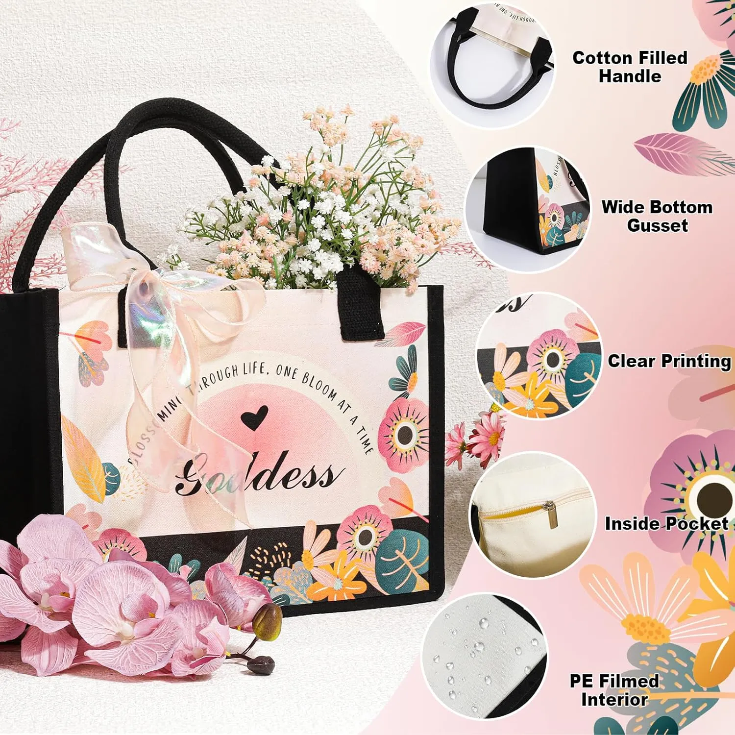 Mothers Day Gifts,Birthday Gifts for Women,Blooming Style Inspirational Gift Baskets for Women,Tote Bag Tumbler Relaxing Spa Gift for Her Wife Sister Bestie Mom