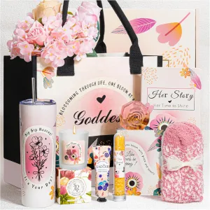 Mothers Day Gifts,Birthday Gifts for Women,Blooming Style Inspirational Gift Baskets for Women,Tote Bag Tumbler Relaxing Spa Gift for Her Wife Sister Bestie Mom