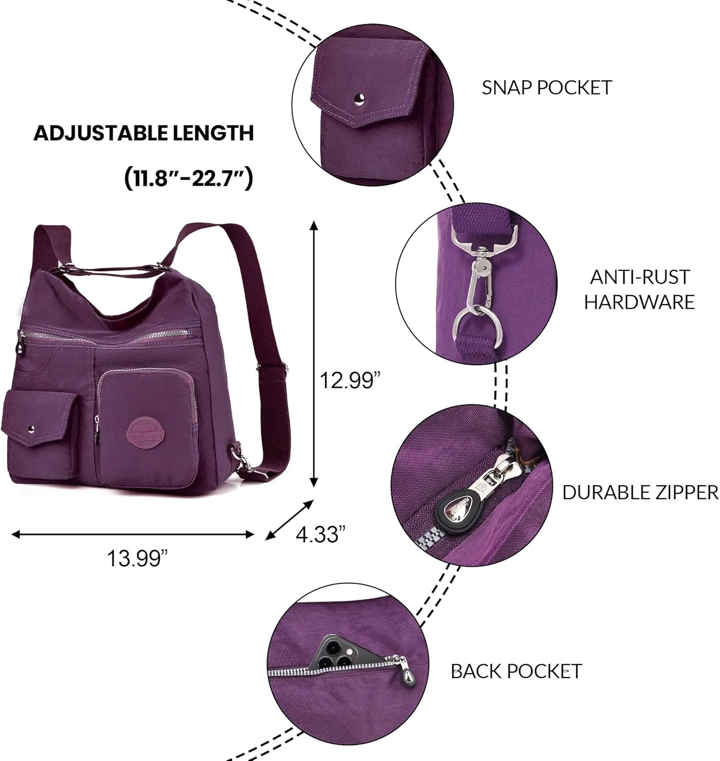 Multipurpose Hobo Purse for Women with Antitheft RFID, Waterproof Nylon Crossbody Bag Shoulder Handbag, Convertible Backpack