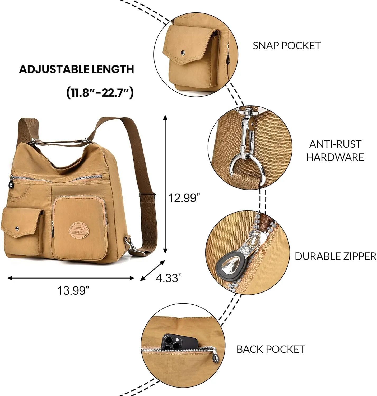 Multipurpose Hobo Purse for Women with Antitheft RFID, Waterproof Nylon Crossbody Bag Shoulder Handbag, Convertible Backpack