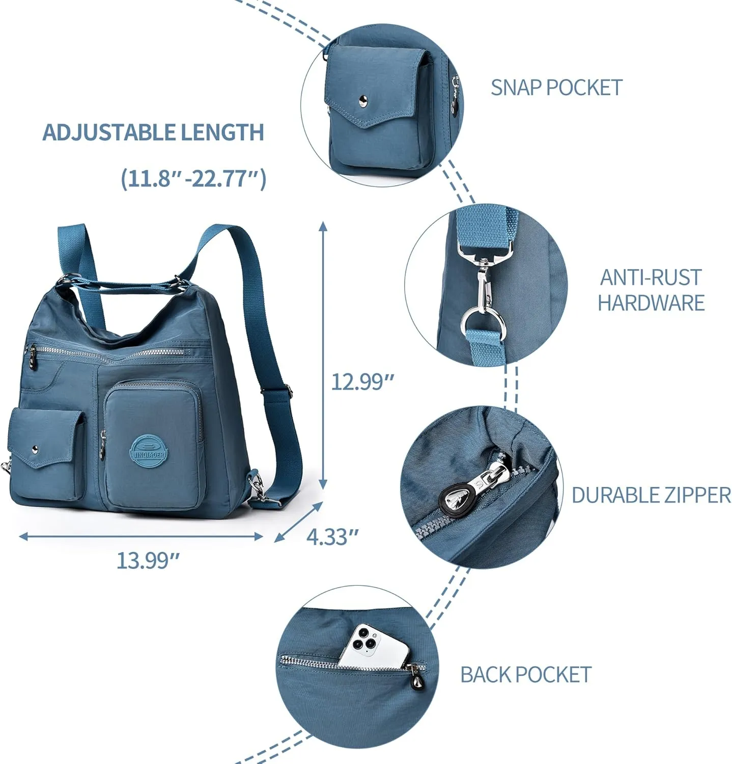 Multipurpose Hobo Purse for Women with Antitheft RFID, Waterproof Nylon Crossbody Bag Shoulder Handbag, Convertible Backpack