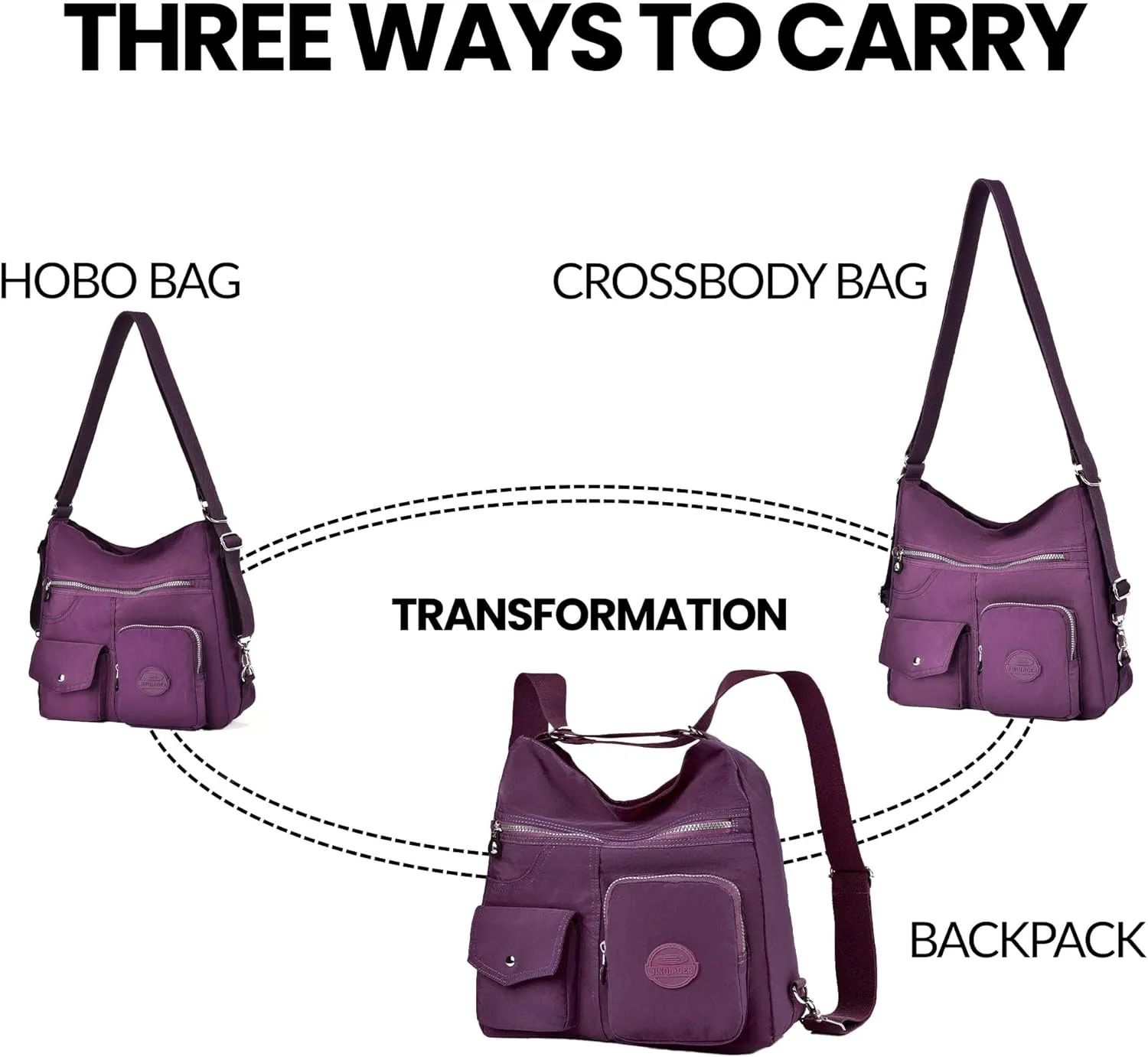 Multipurpose Hobo Purse for Women with Antitheft RFID, Waterproof Nylon Crossbody Bag Shoulder Handbag, Convertible Backpack