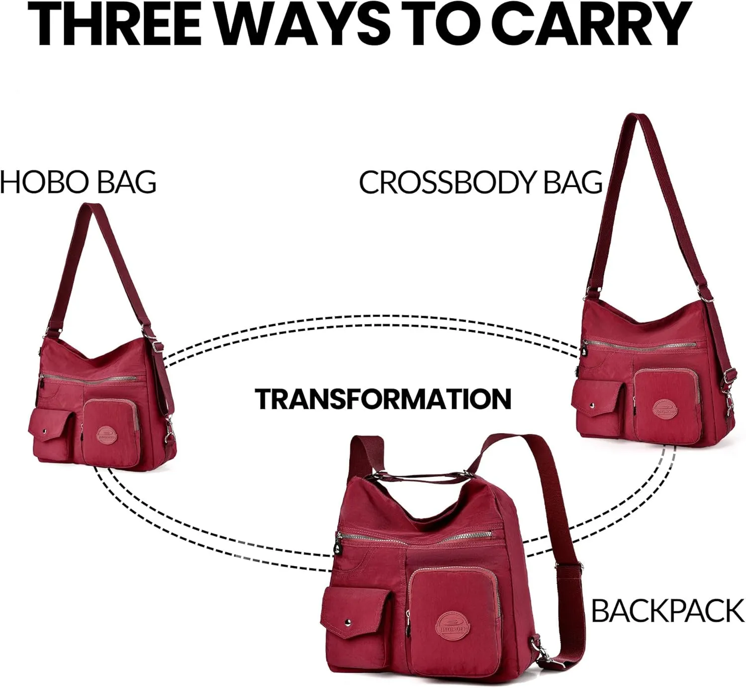 Multipurpose Hobo Purse for Women with Antitheft RFID, Waterproof Nylon Crossbody Bag Shoulder Handbag, Convertible Backpack