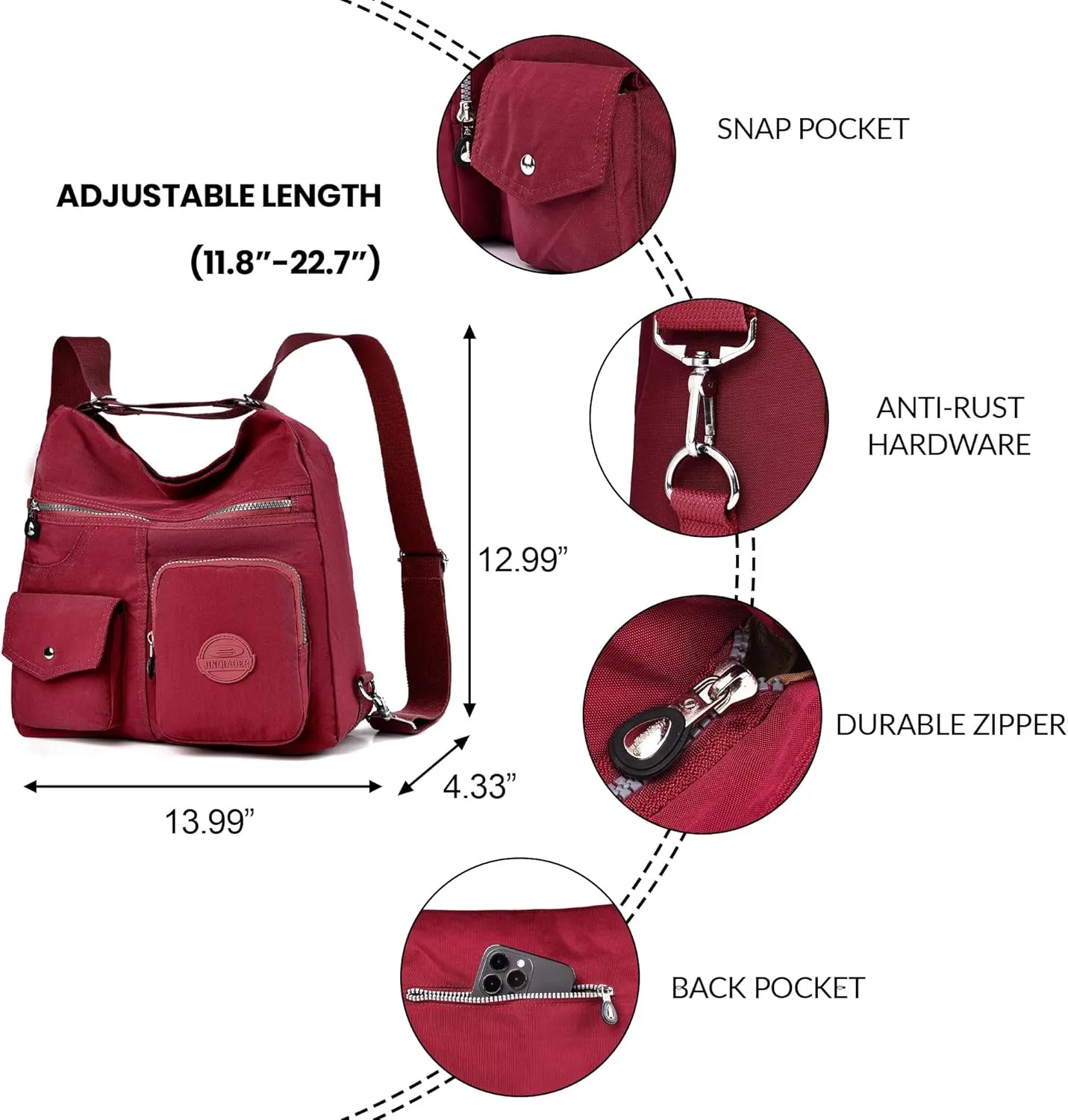 Multipurpose Hobo Purse for Women with Antitheft RFID, Waterproof Nylon Crossbody Bag Shoulder Handbag, Convertible Backpack