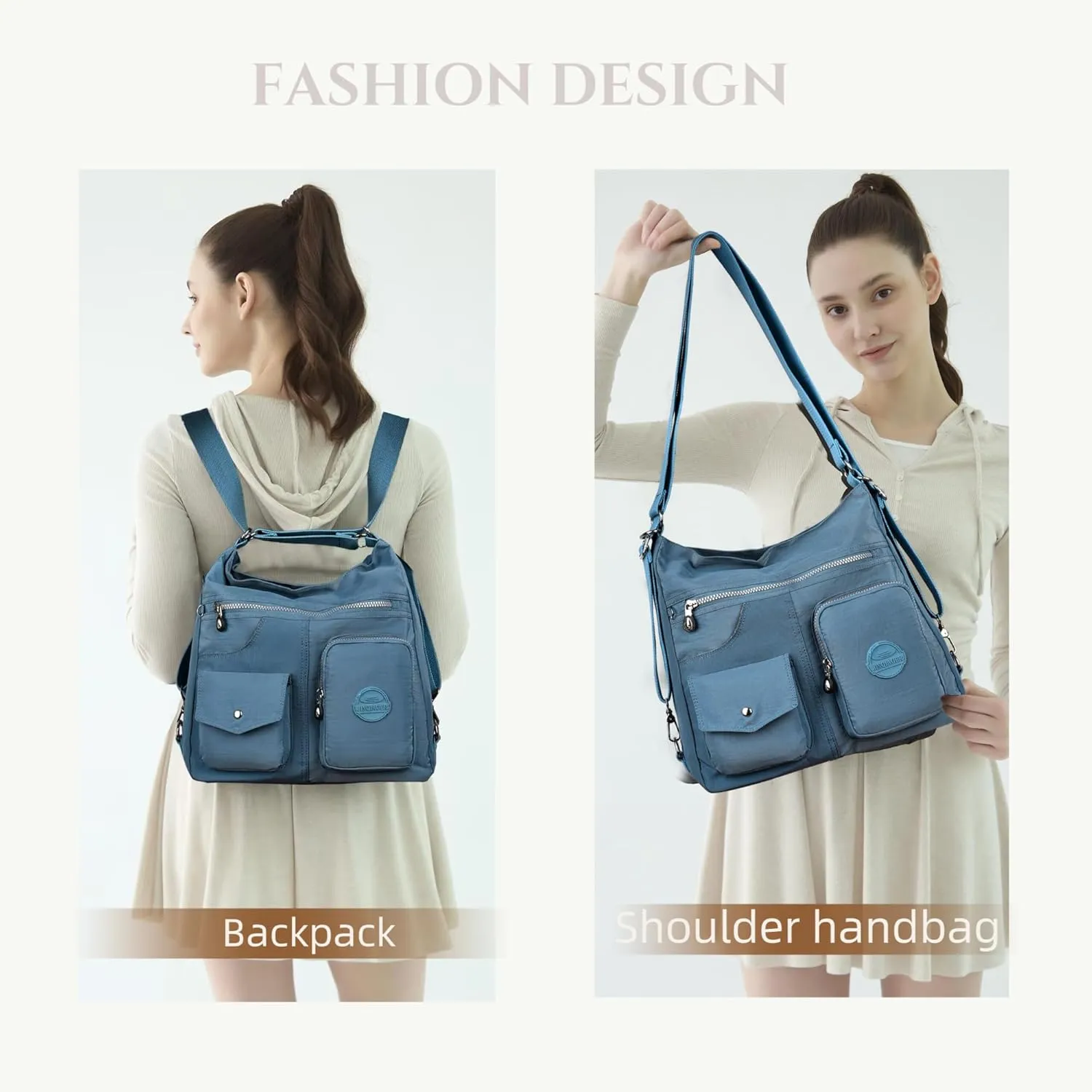 Multipurpose Hobo Purse for Women with Antitheft RFID, Waterproof Nylon Crossbody Bag Shoulder Handbag, Convertible Backpack