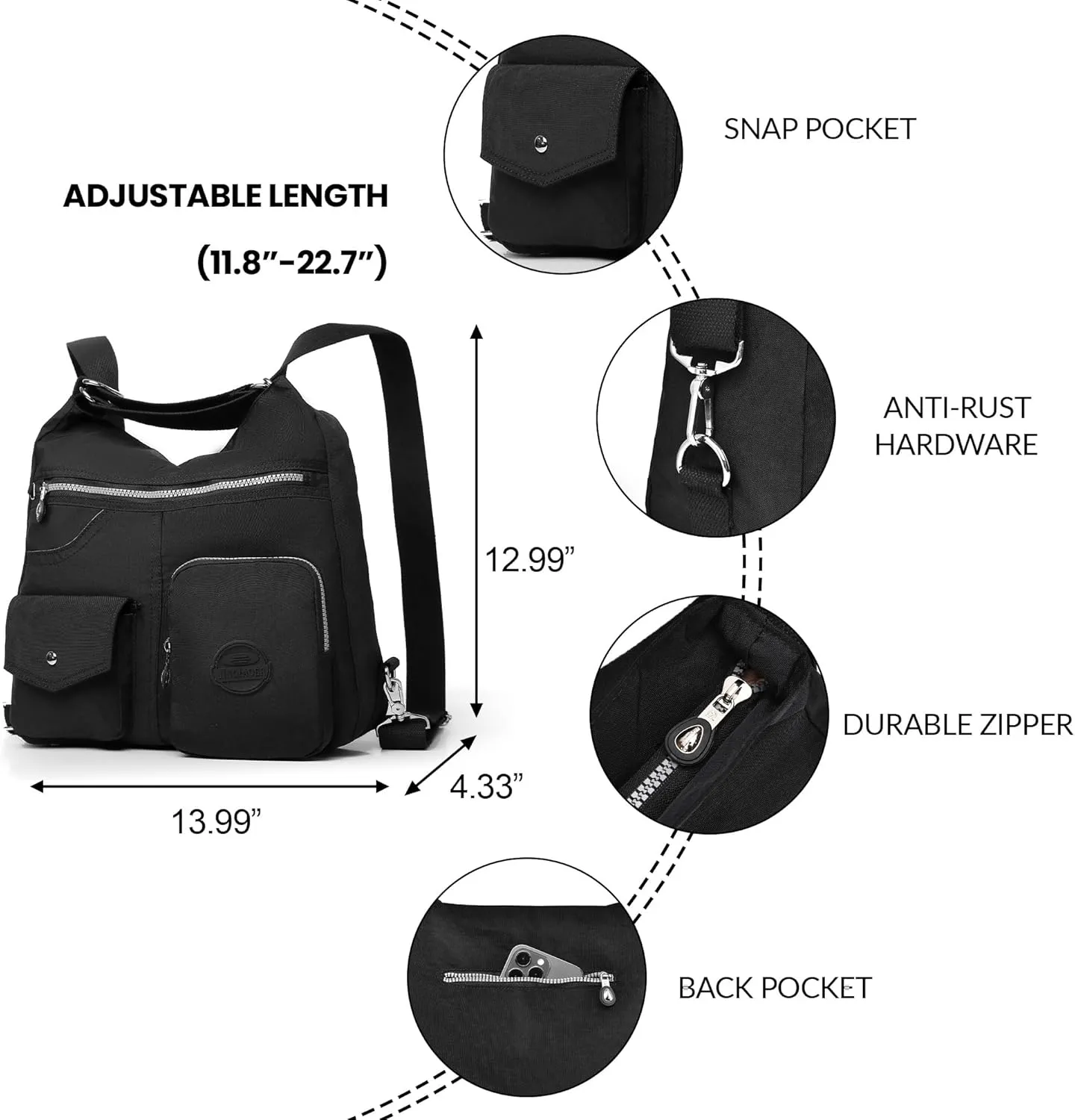 Multipurpose Hobo Purse for Women with Antitheft RFID, Waterproof Nylon Crossbody Bag Shoulder Handbag, Convertible Backpack