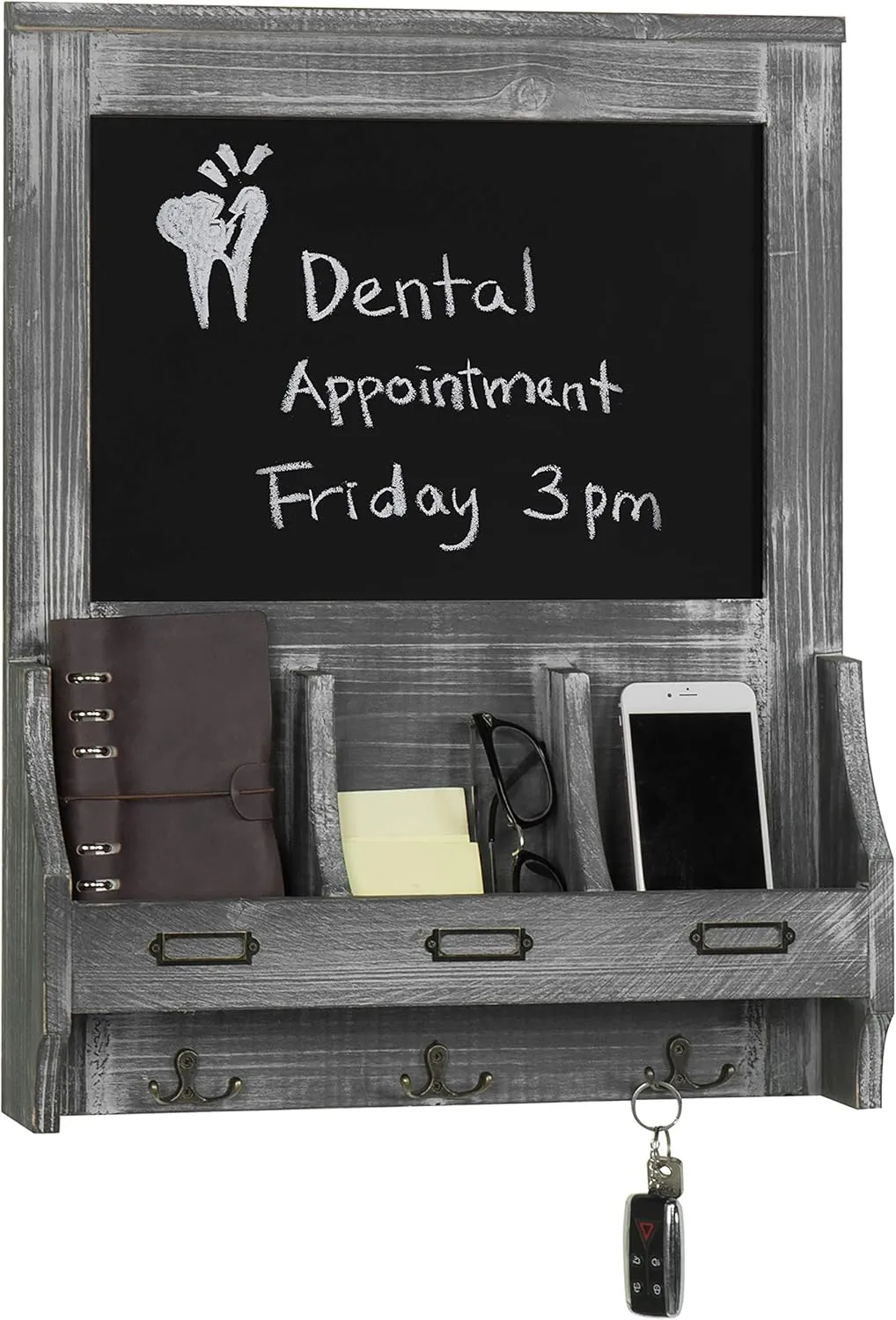 MyGift Wall Mounted Entryway Mail Holder and Key Organizer Rack in Rustic Graywashed Wood Finish with Decorative Chalkboard